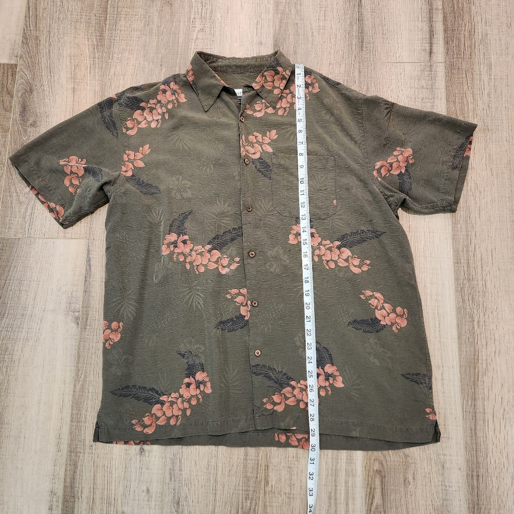Firethorn Hawaiian Silk Shirt, Men's Large, Olive Green, Short Sleeve, Floral - Picture 6 of 9